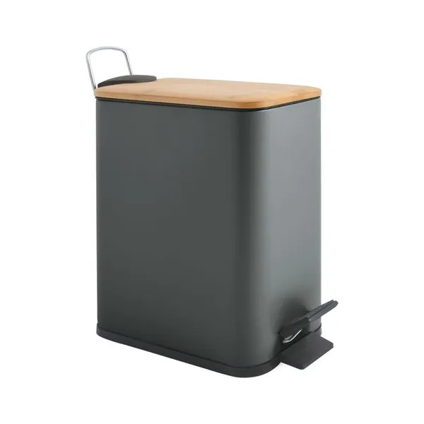 POUBELLE À PÉDALE RECTANGULAIRE 5L EN MÉTAL GRIS SOFT CLOSE AVEC COUVERCLE EN BAMBOU