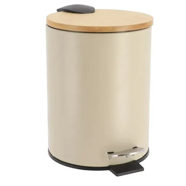 POUBELLE À PÉDALE 3L EN MÉTAL BEIGE SOFT CLOSE AVEC COUVERCLE EN BAMBOU
