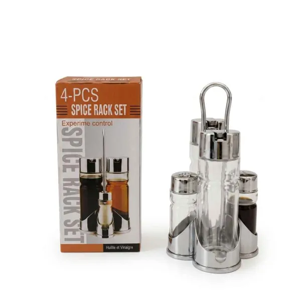 ENSEMBLE 4 DISTRIBUTEURS DE CONDIMENTS EN VERRE SUPPORT ACIER
