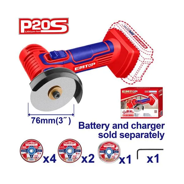 MEULEUSE D'ANGLE SANS FIL 20V 76MM  AVEC 7 DISQUES ELAG76017 EMTOP