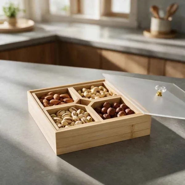 BOÎTE CARRÉE EN BOIS AVEC 4 COMPARTIMENTS ET COUVERCLE EN PLEXI
